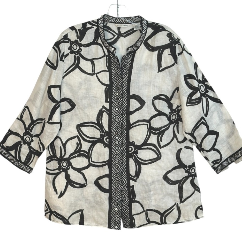 Laura Ashley Tunic Top Linen Floral Shirt Black White Retro Resort Size L